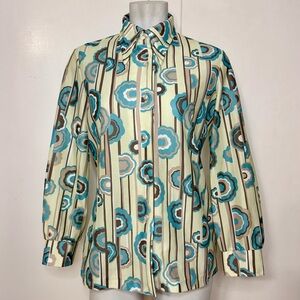 Vintage 70s Green Blue Flower Power Stripe Button Down Dagger Collar Shirt
